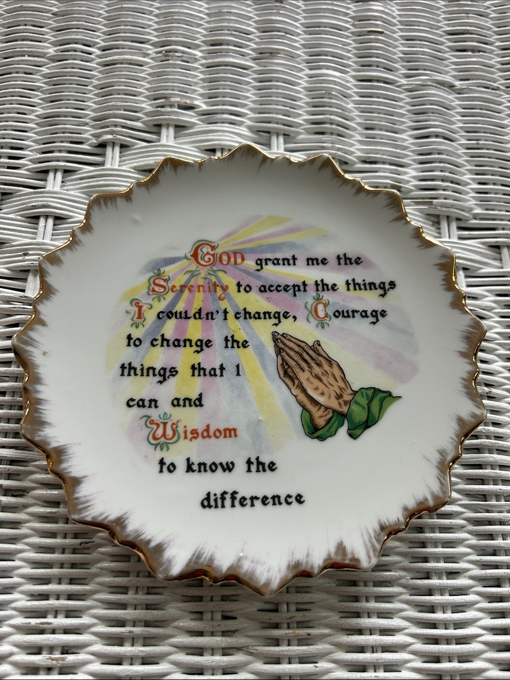 Antique Praying Hands Porcelain  18k Gold Scalloped Edge with Serenity Prayer